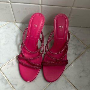 Zara hot pink fuchsia sparkle strappy sandals heels 6 36 Mach and Mach style